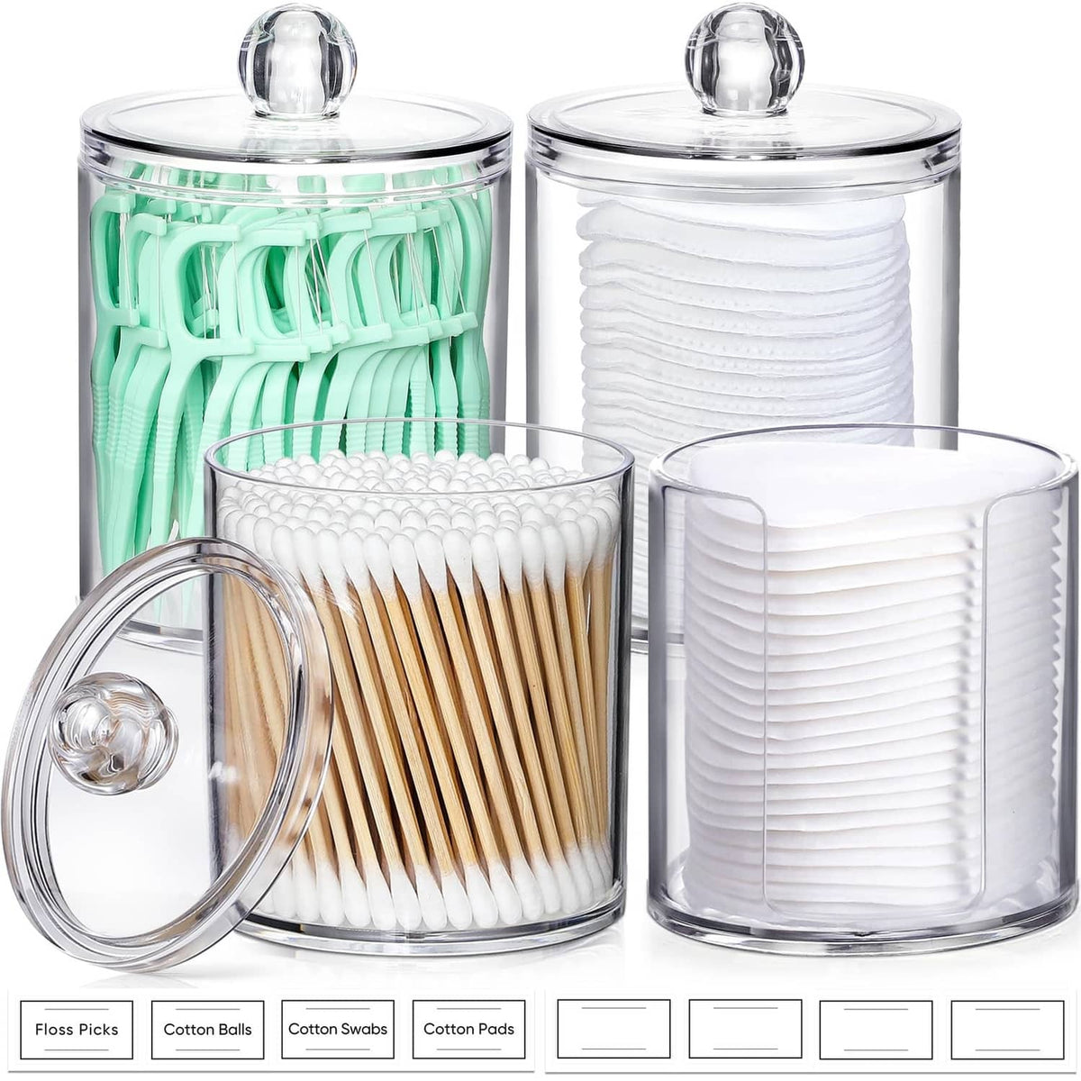 Clear acrylic cotton swab dispenser canister with mint-colored swabs inside