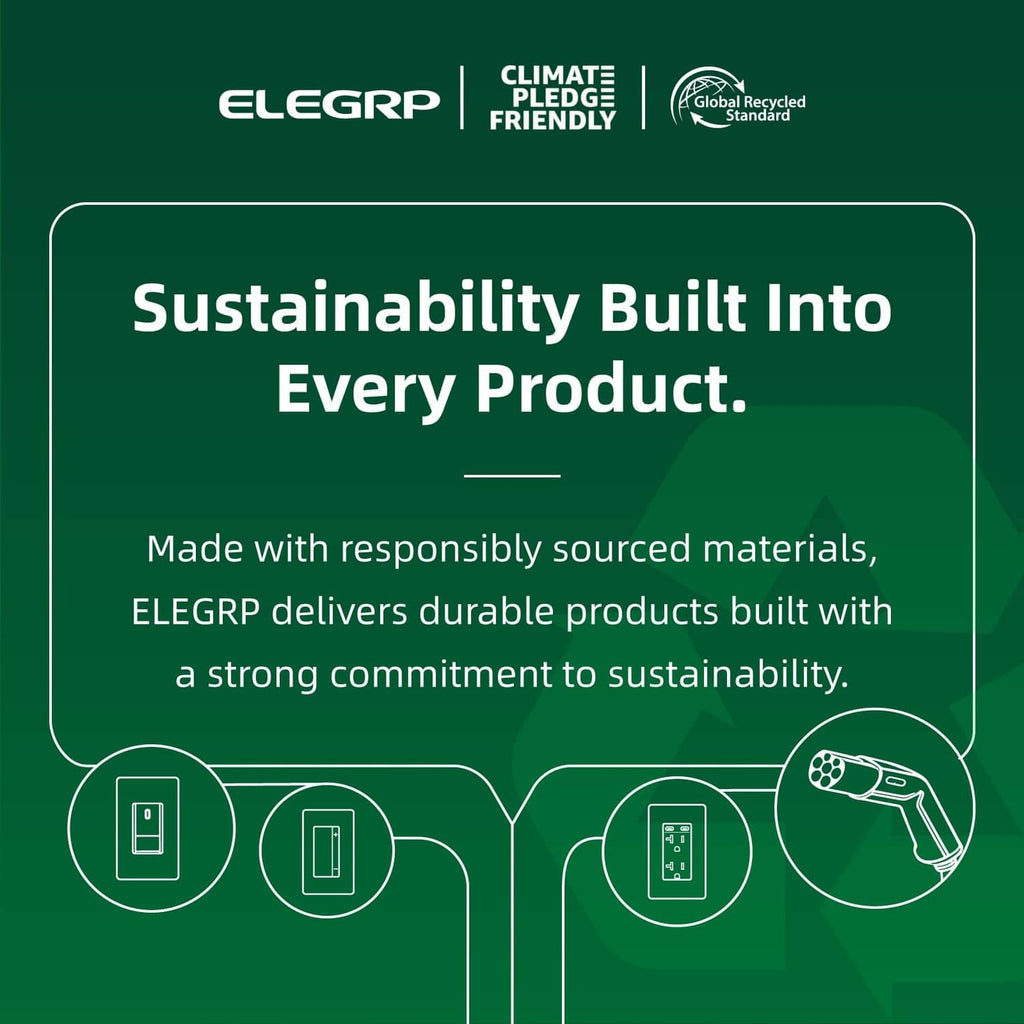 ELEGRP sustainability banner with circular recycling icons and Climate Pledge Friendly logo