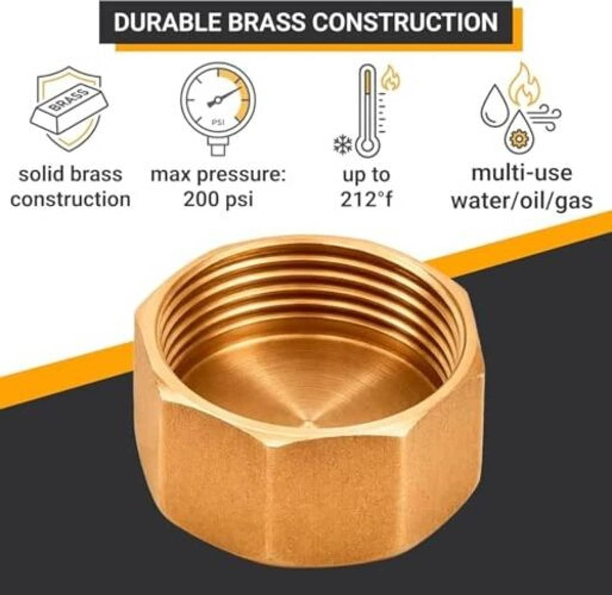 Brass female NPT pipe cap with internal threads, hex head, chamfered inlet rim