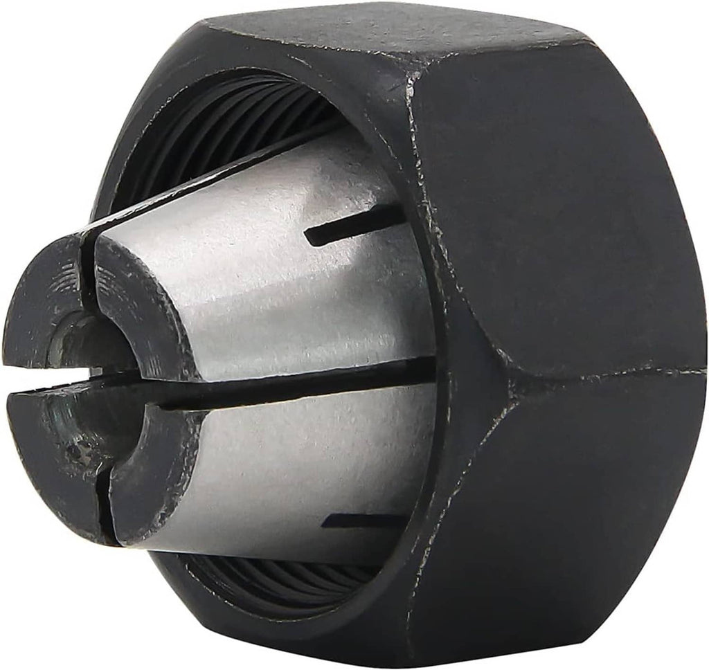 1/4-inch router collet angled view, black outer body with silver insert