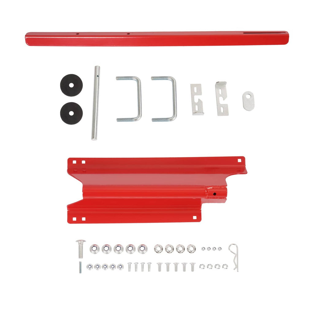 Red mounting bracket assembly with hardware pieces for catcher frame