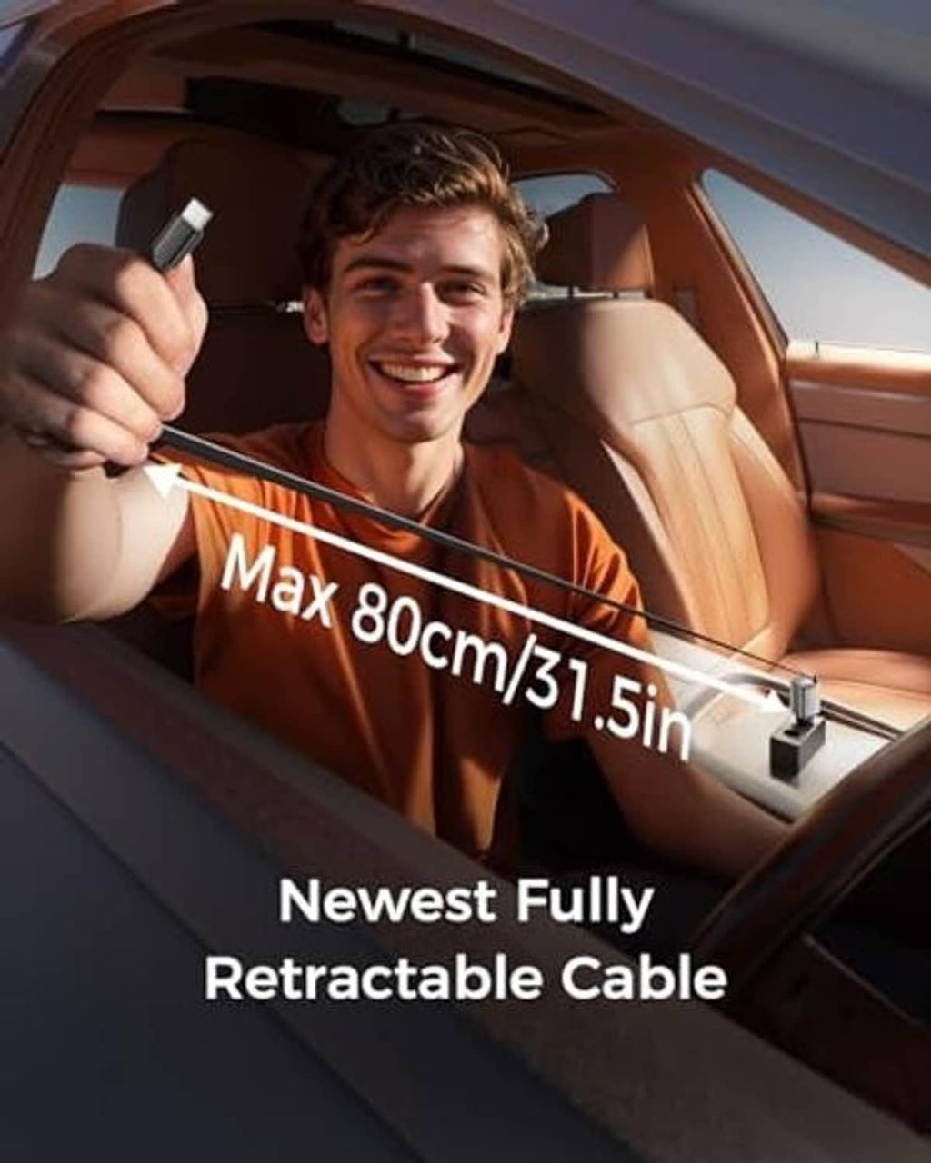 Retractable car charger with extended cable length shown in a car
