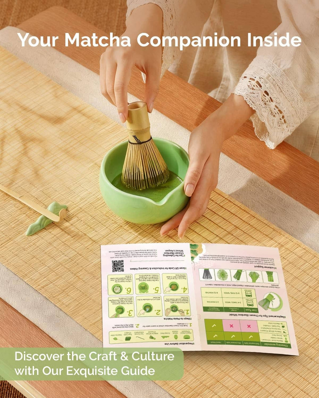 Green matcha bowl and whisk with guide cards on a bamboo mat