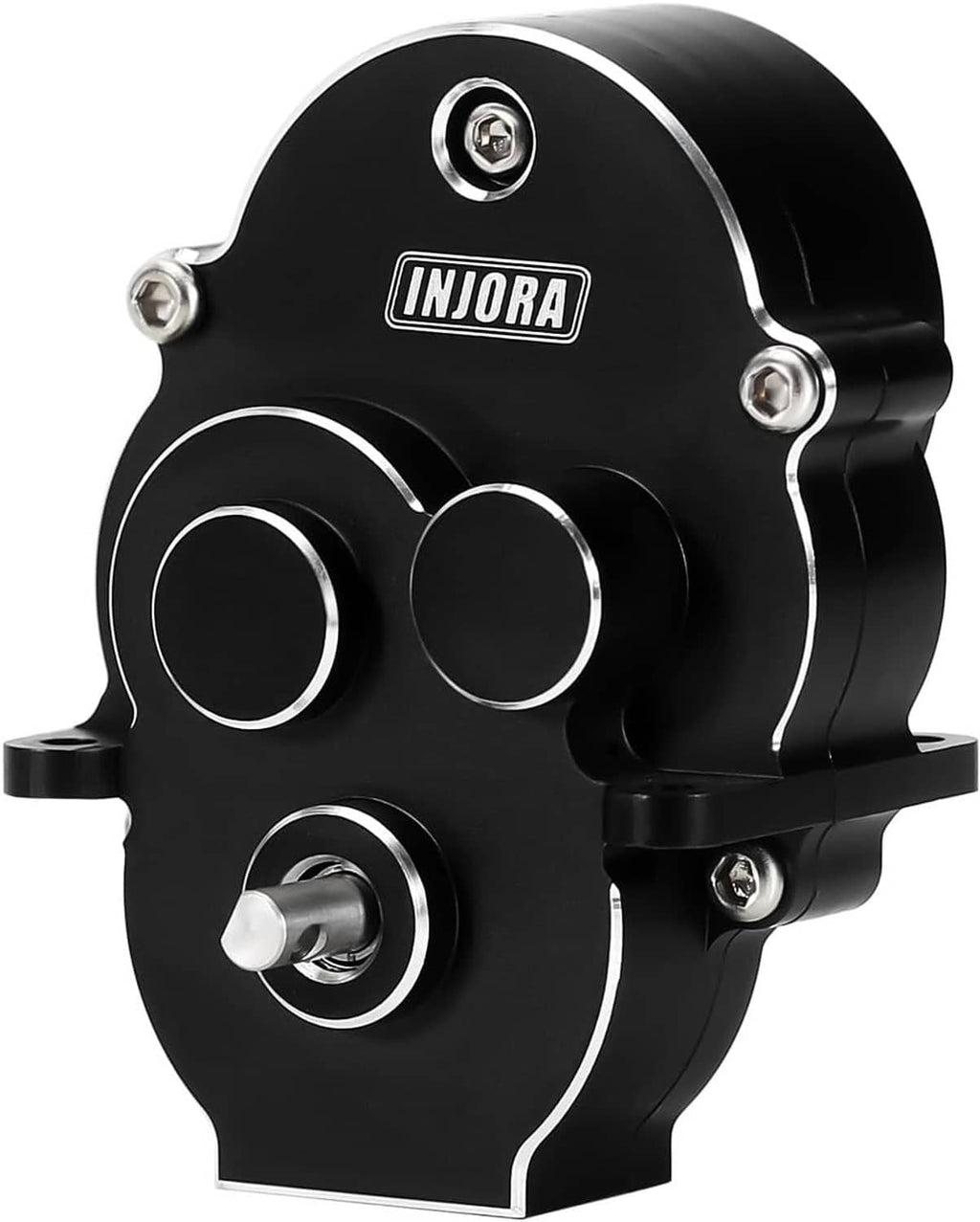 INJORA CNC aluminum transmission housing, black with silver fasteners and circular ports