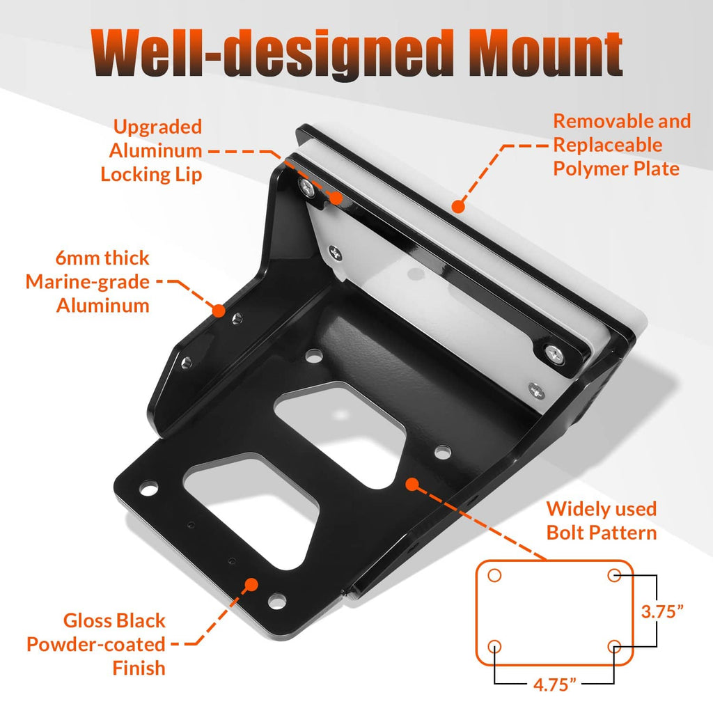 Black aluminum transom trolling motor mount with locking lip and bolt pattern