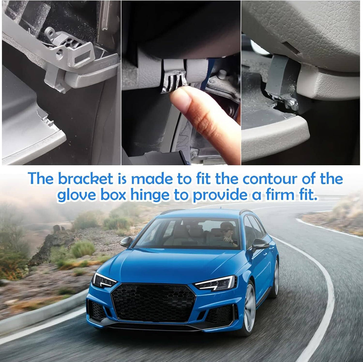 Glove box hinge bracket in vehicle install area, showing aligned mounting hardware