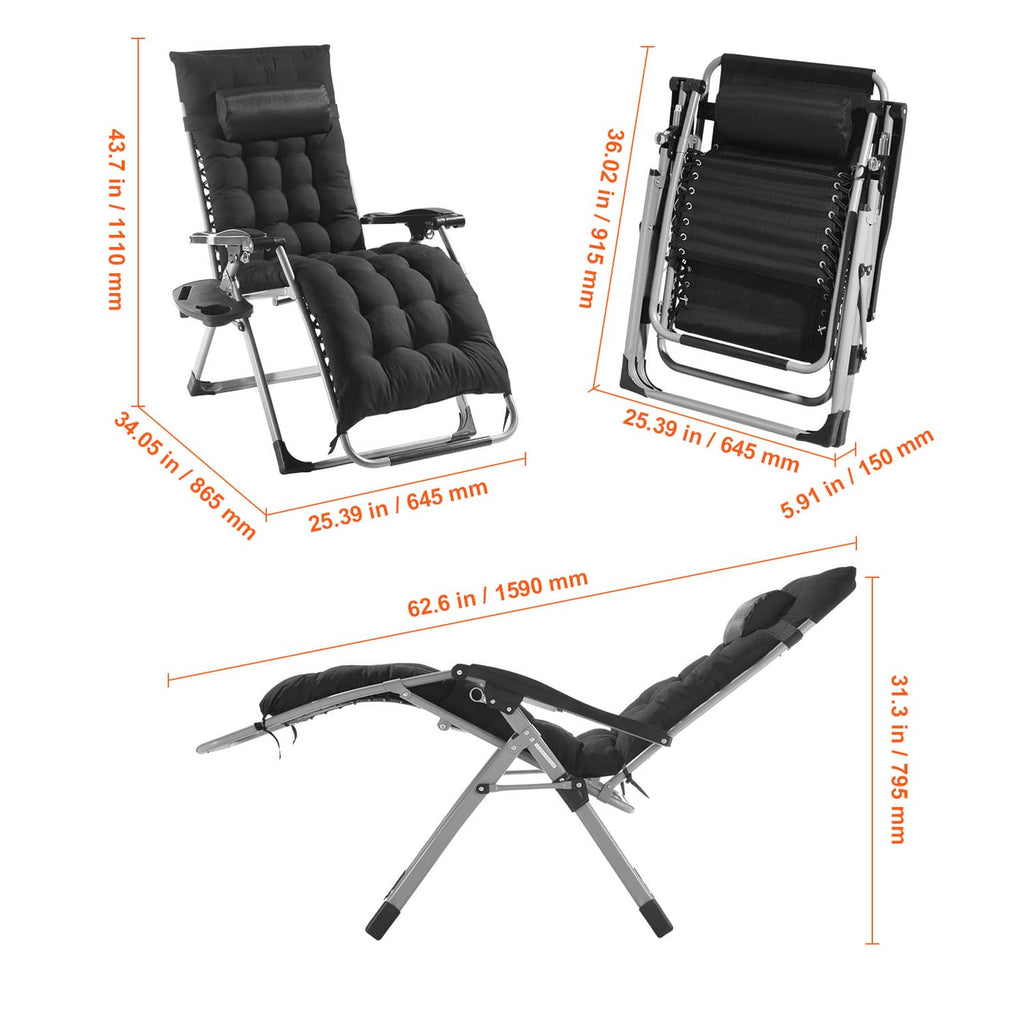 Black zero-gravity recliner chair shown with side/back views and metal base