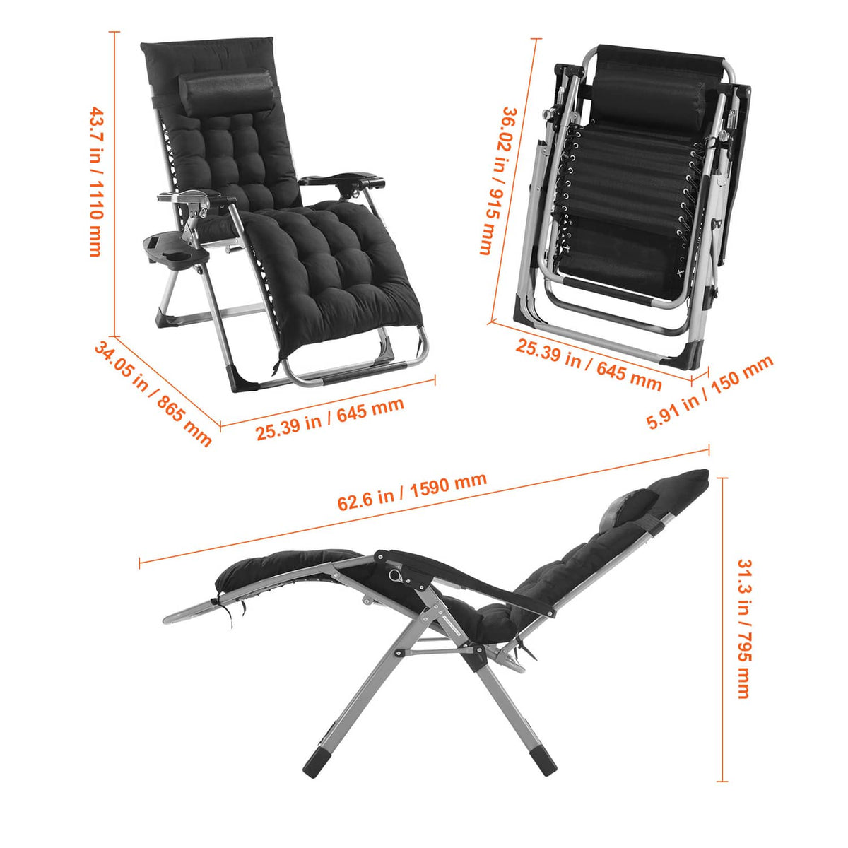 Black zero-gravity recliner chair shown with side/back views and metal base