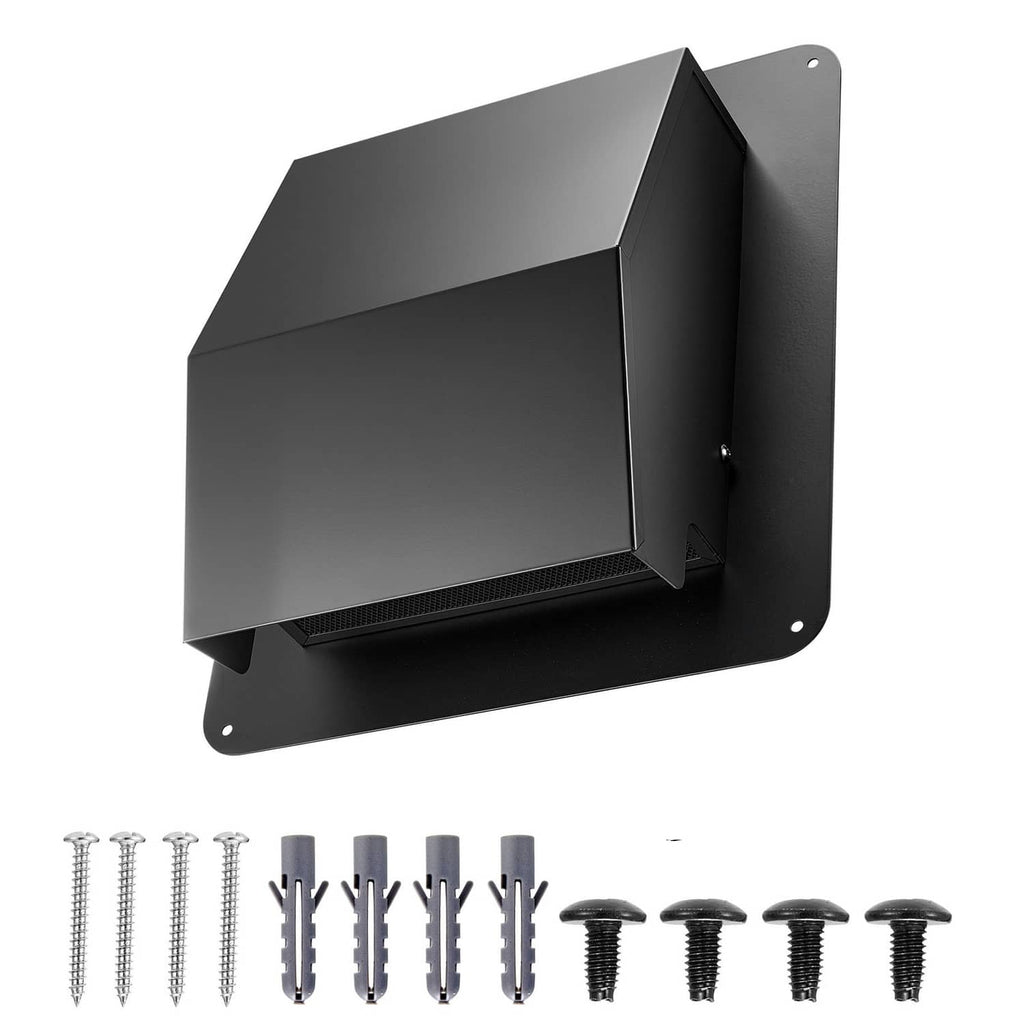 6-inch hooded wall vent cover in black steel, with louver and side mounting plate