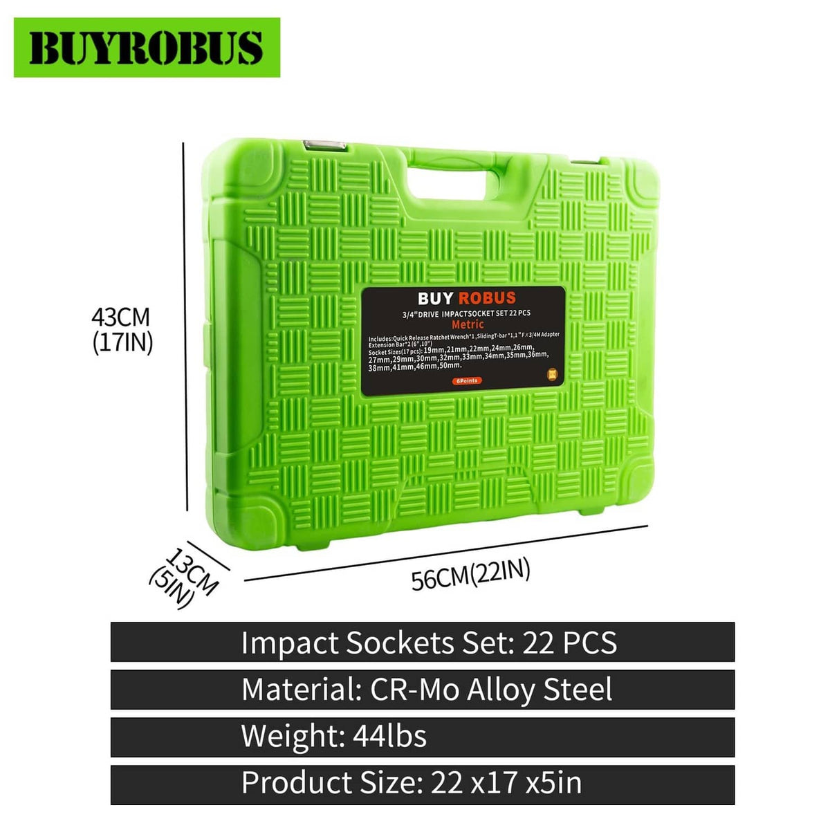Green carrying case for deep impact socket set, labeled 22 pcs for 1/2 in drive.