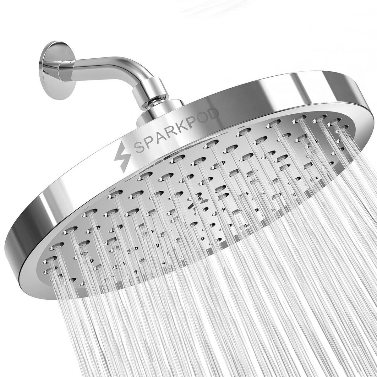 8-inch round rain shower head with polished chrome finish and dense spray nozzles