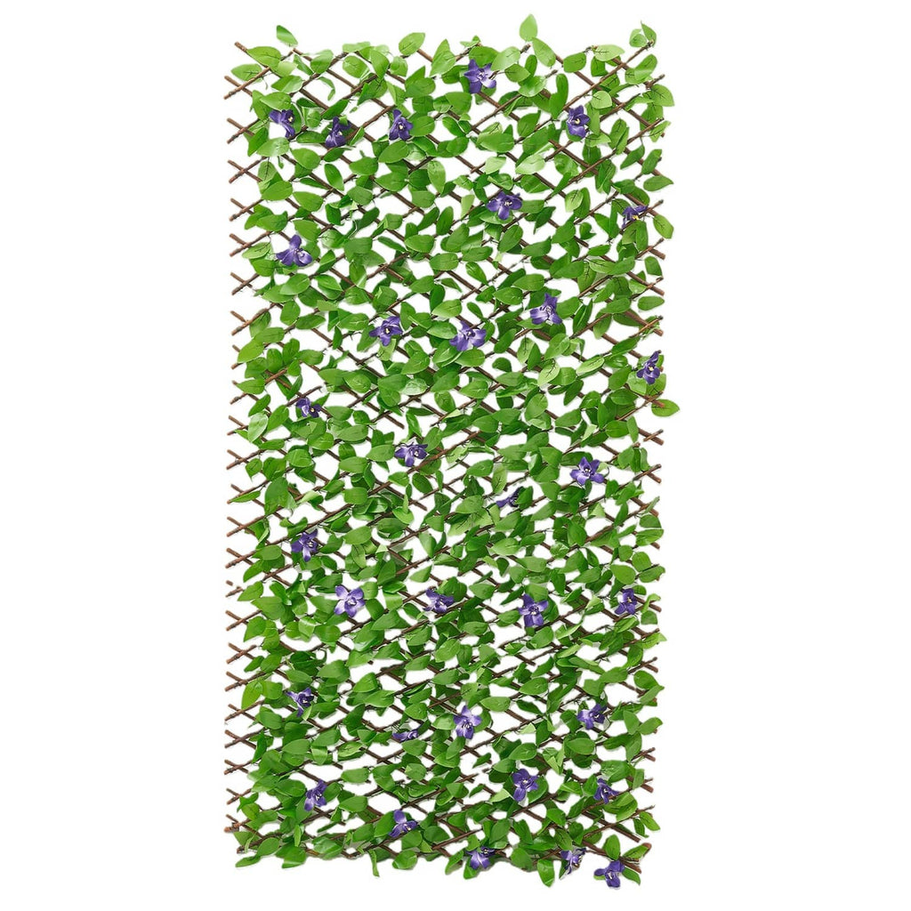 Artificial ivy privacy screen with green leaves and purple blossoms, full panel