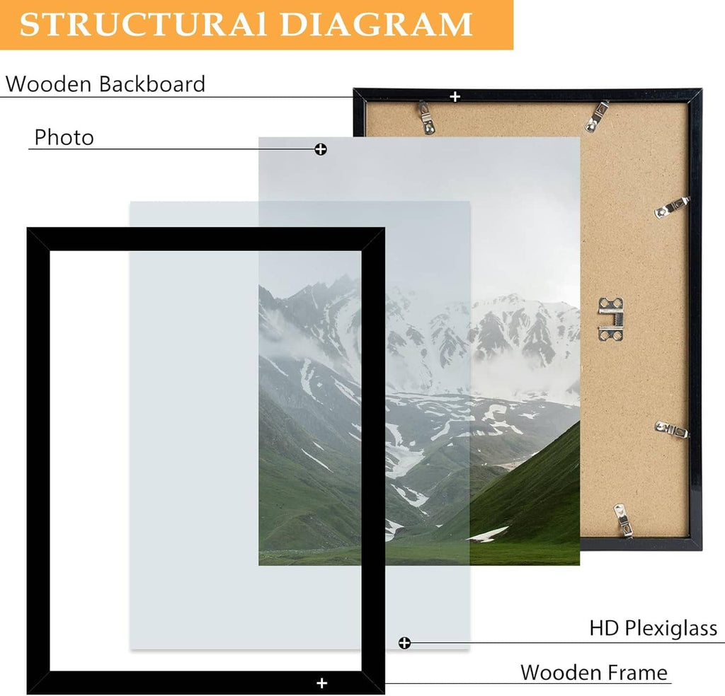 Black 10x15 picture frame parts view: wooden backing, photo slot, HD plexiglass.