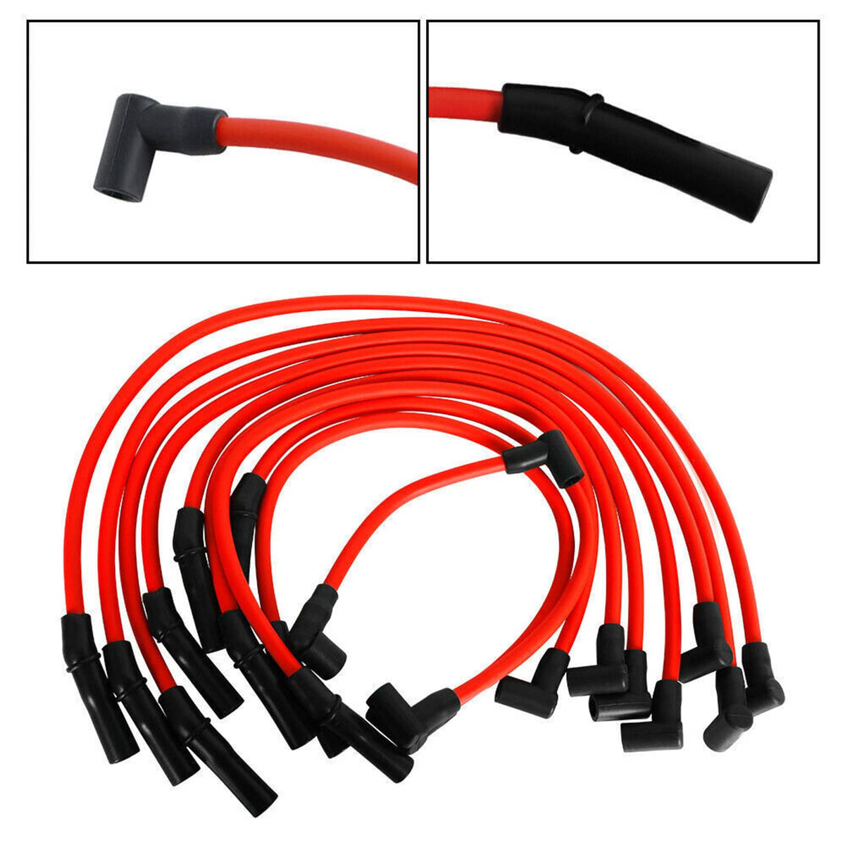 Red spark plug wires with black boots; close-up ends and full set