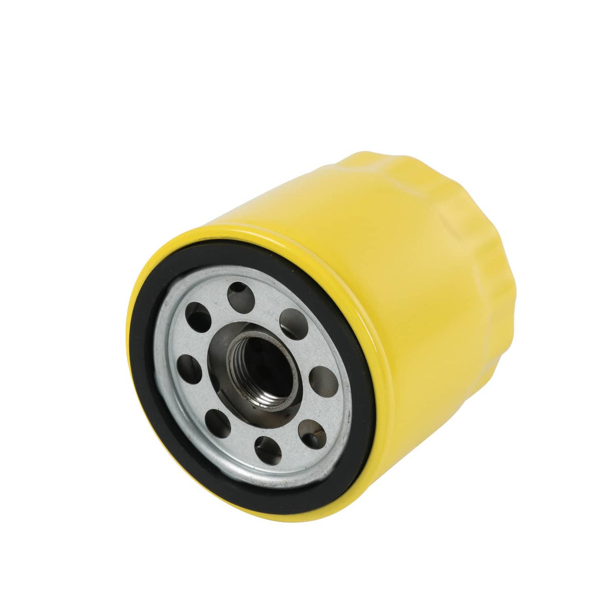 Yellow oil filter with black rim and metal base featuring center threaded opening