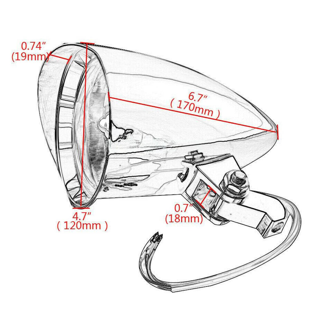 Chrome tri-bullet headlight size diagram with mounting and wiring measurements
