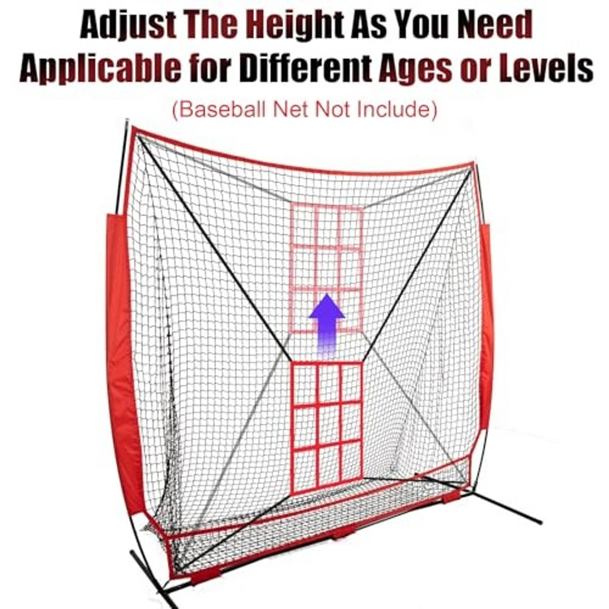 Adjustable pitching target net with red frame, white mesh, and inner strike zone grid