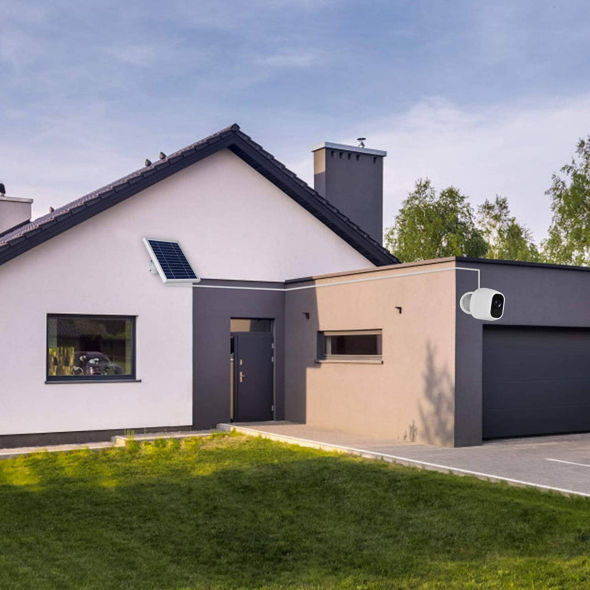 Solar panel kit on a house wall powering a white outdoor security camera