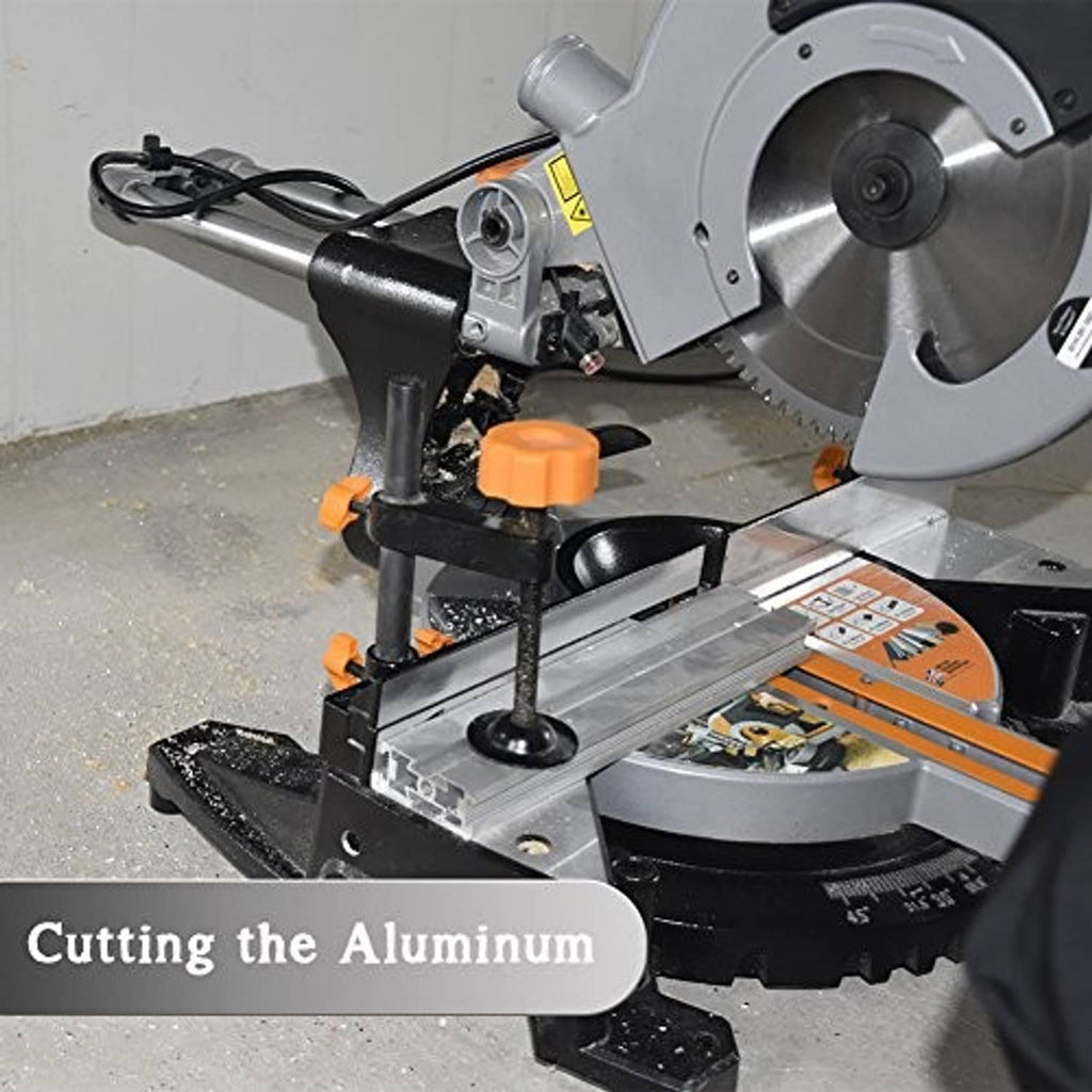 Circular 10-inch saw blade on a miter saw cutting material; 80 teeth visible