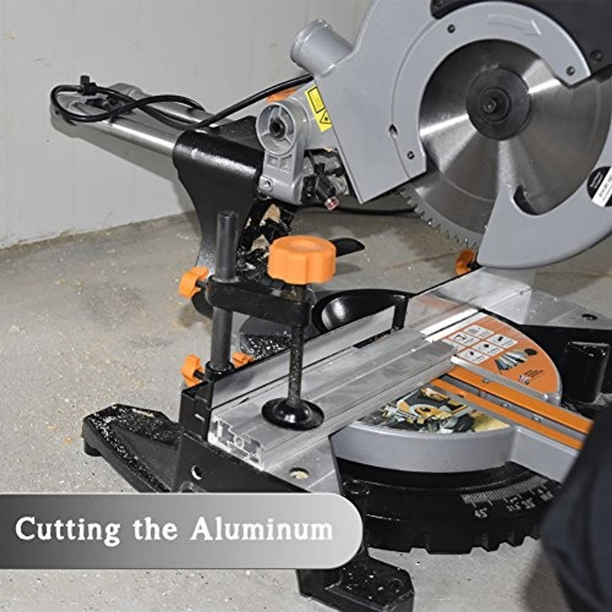 Circular 10-inch saw blade on a miter saw cutting material; 80 teeth visible