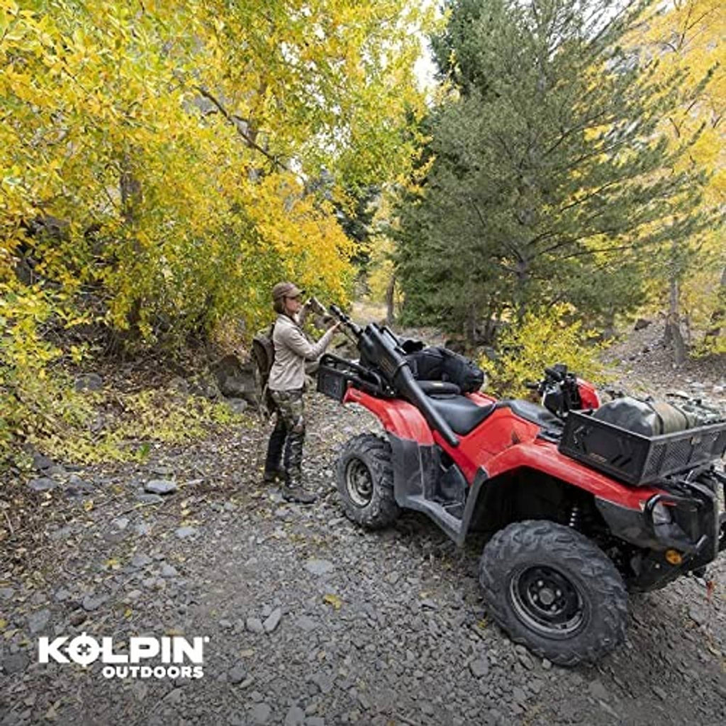Black ATV rear drop basket rack on red ATV, mesh deck and tubular side rails