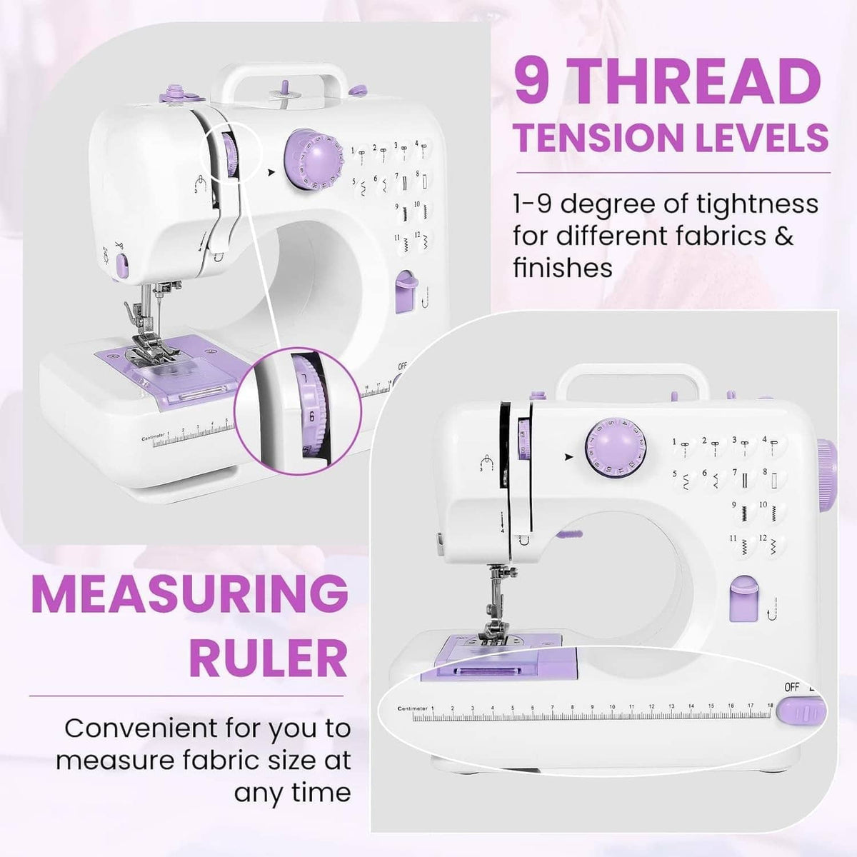 Purple mini sewing machine with measuring ruler and stitch tension control dial