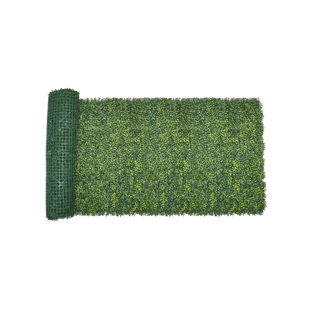 Green artificial grass privacy fence screen roll with grid mesh backing.
