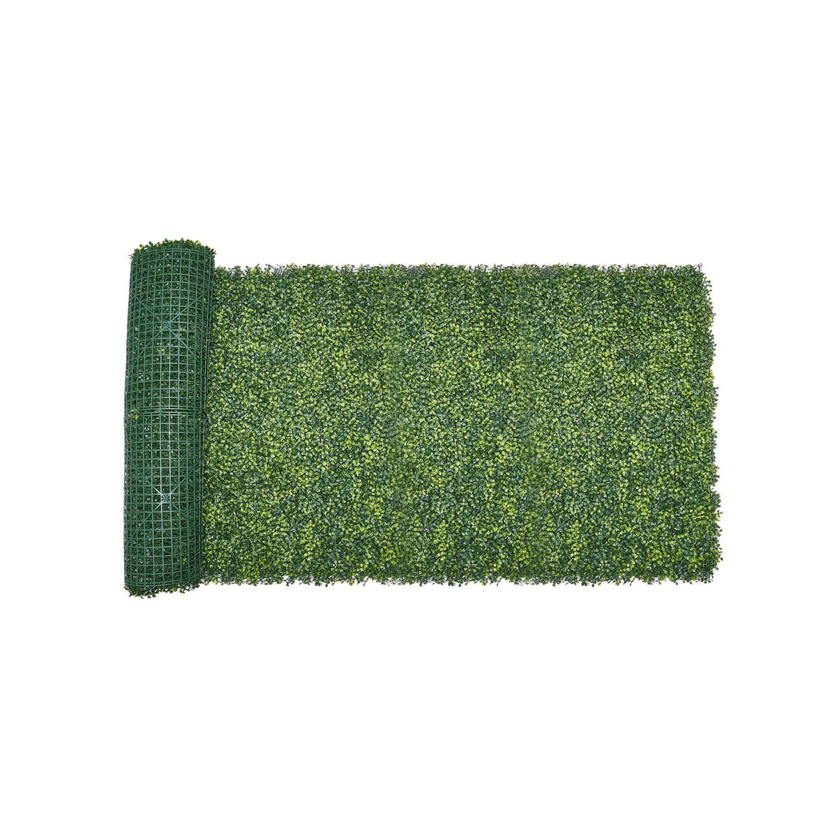 Green artificial grass privacy fence screen roll with grid mesh backing.