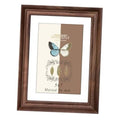 Natural walnut wood picture frame with glass-front opening, displaying butterfly artwork