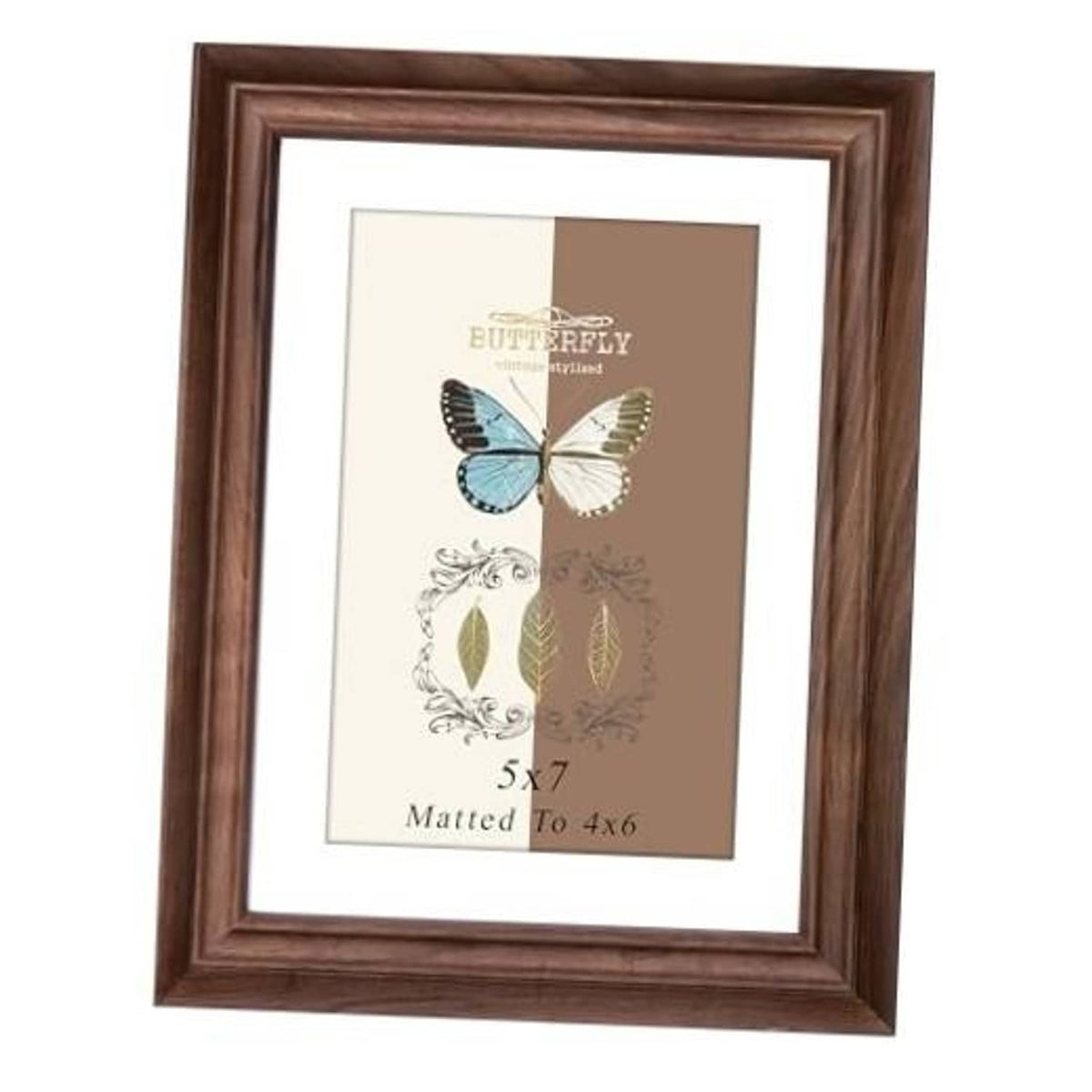 Natural walnut wood picture frame with glass-front opening, displaying butterfly artwork