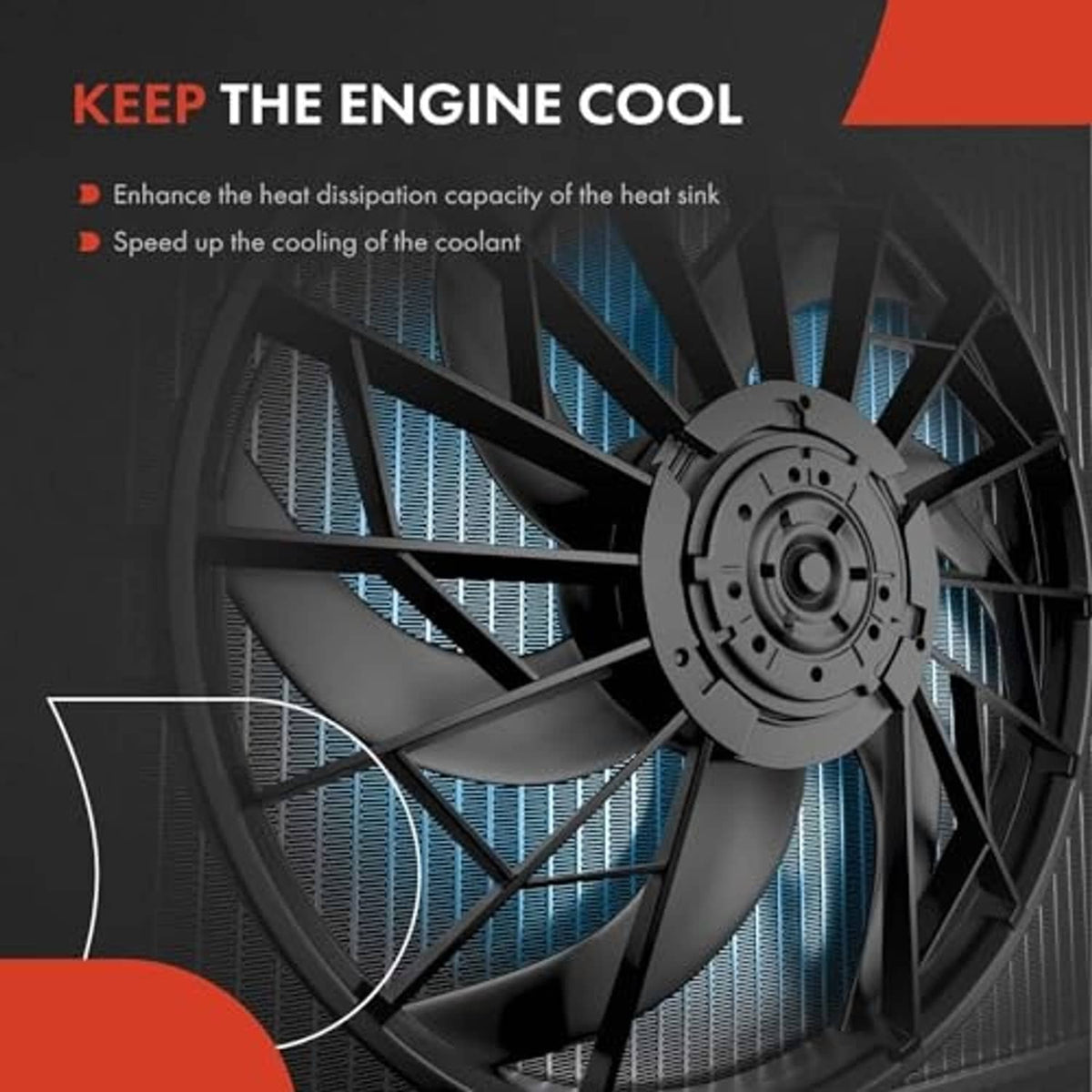 Radiator cooling fan assembly with heat-dissipation airflow visual and motor hub
