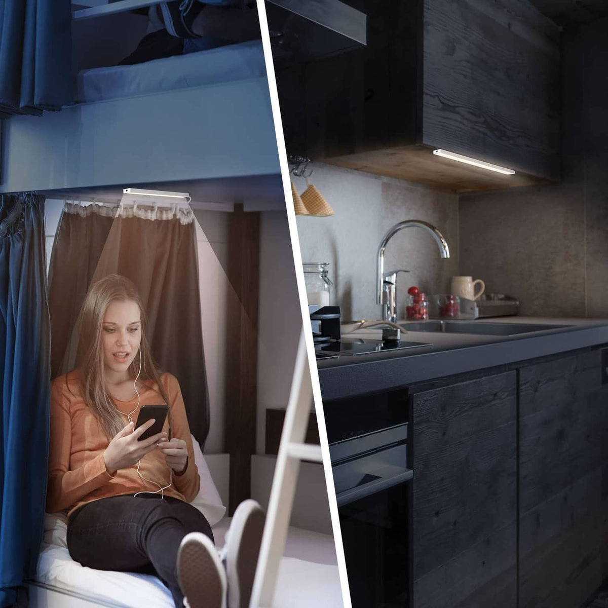 Under-cabinet LED light strip glowing white under kitchen cabinet