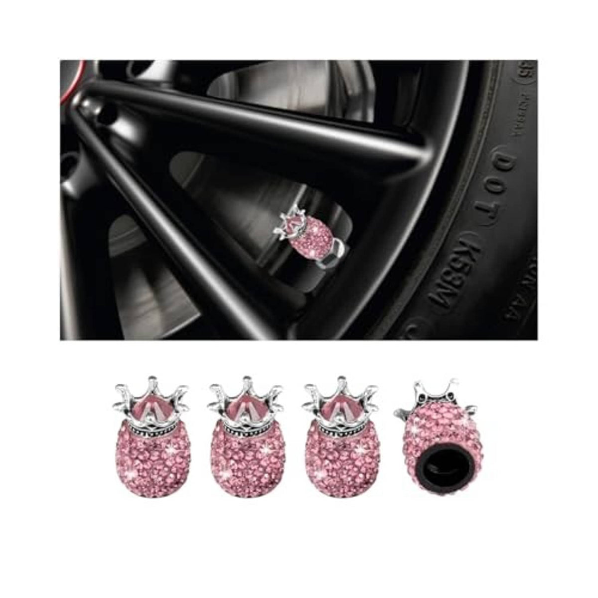 Four pink sparkling rhinestone crown valve stem caps with black rubber cores