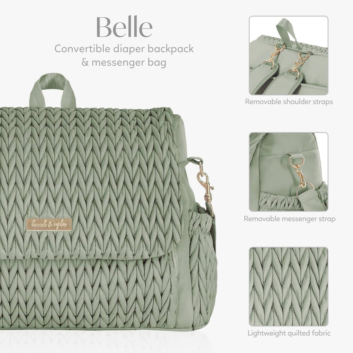 Sage green quilted diaper backpack with removable shoulder and messenger straps
