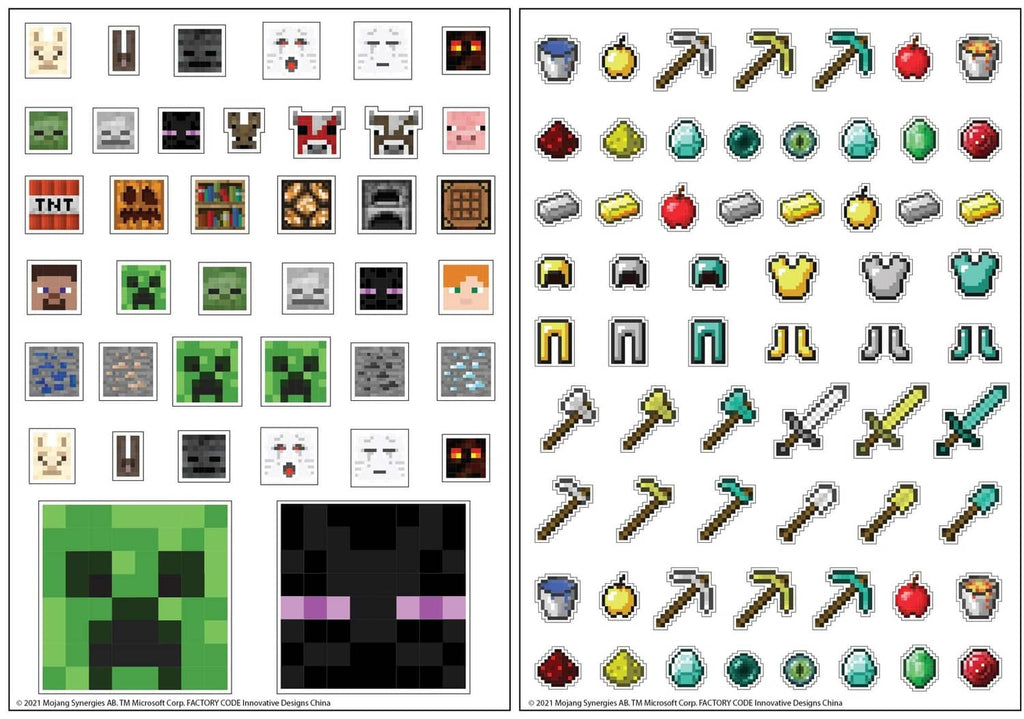Sticker and coloring sheet set with pixel character and item designs