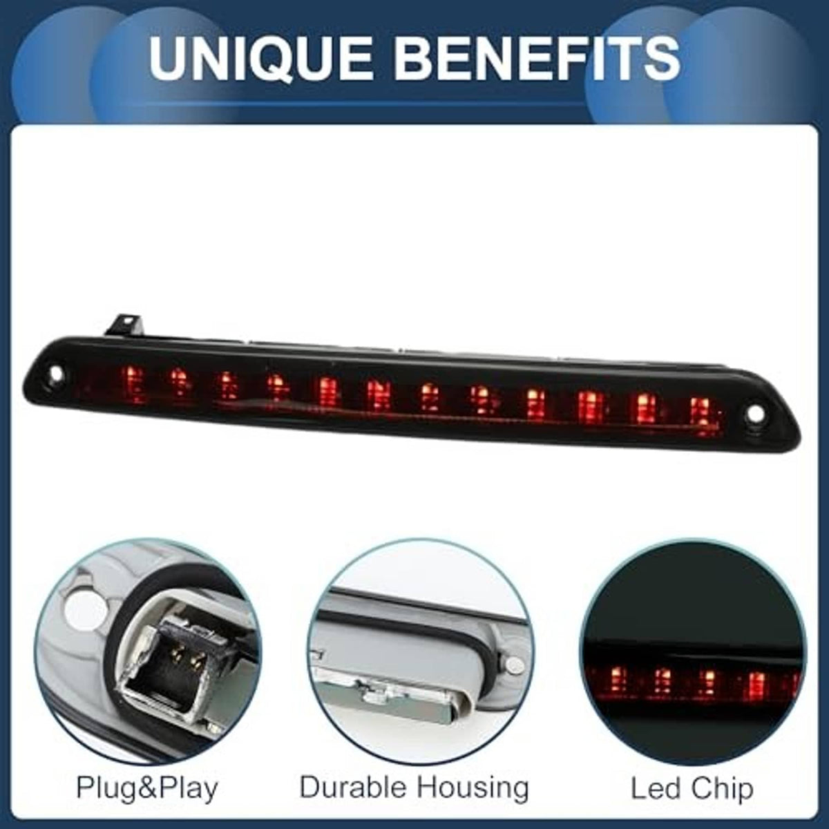 Black LED third brake light with red LED row, plug-in style housing, oval end mounting points