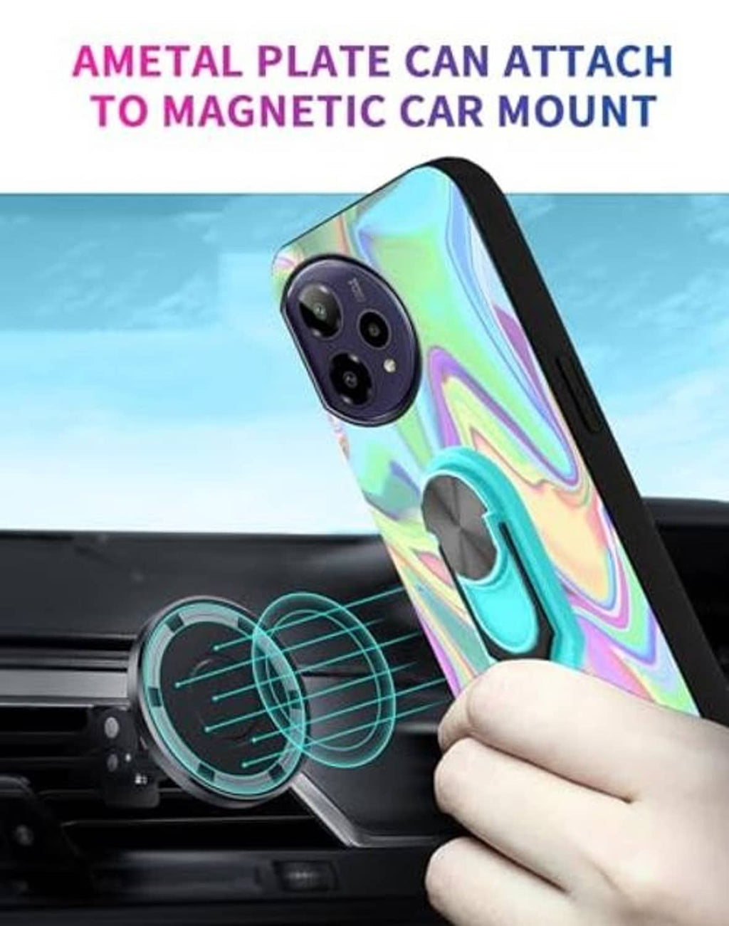 Iridescent wavy phone case with teal ring and magnetic car mount metal plate
