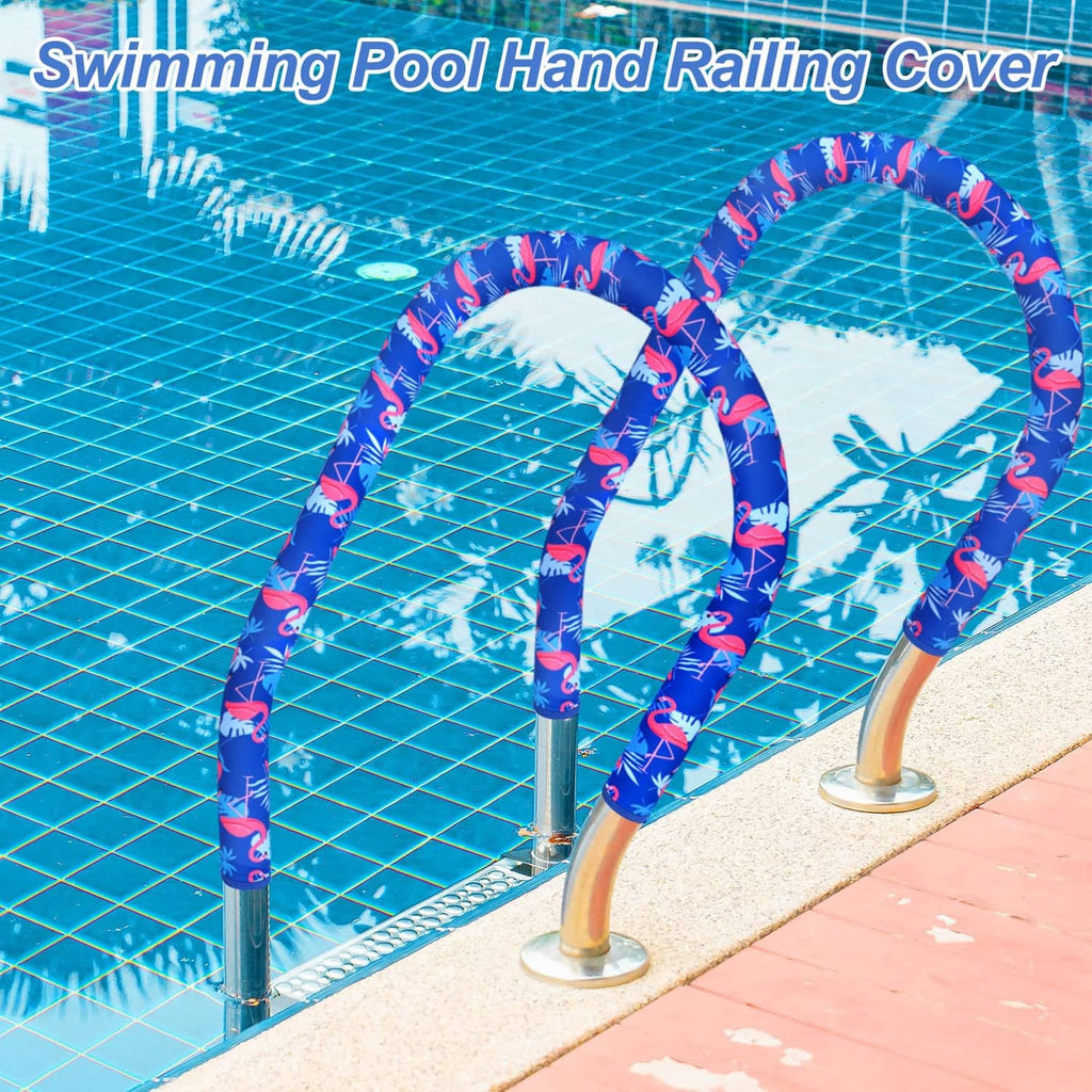 Blue flamingo-patterned swimming pool handrail covers on metal rails