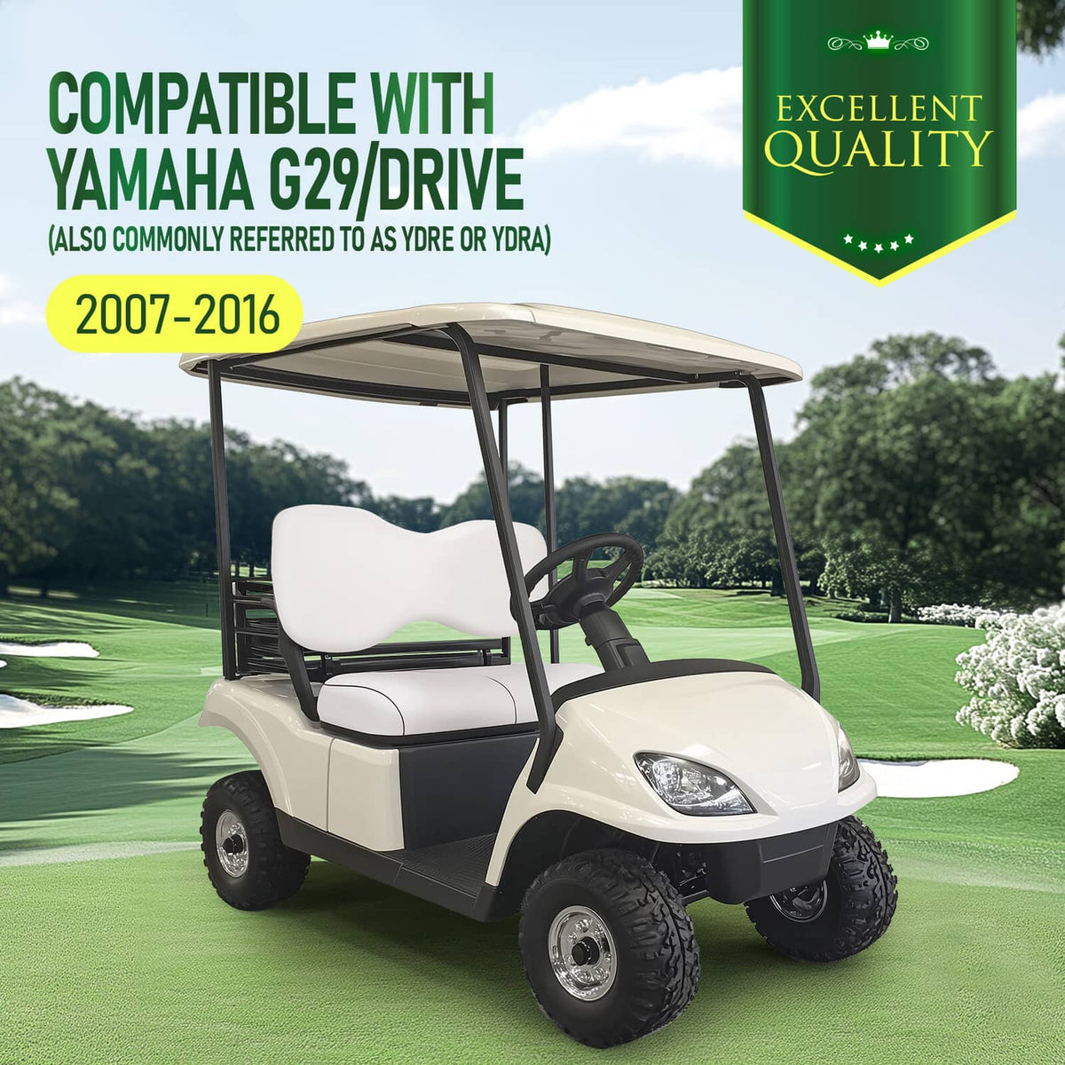 White seat backrest cushion installed on Yamaha G29 golf cart