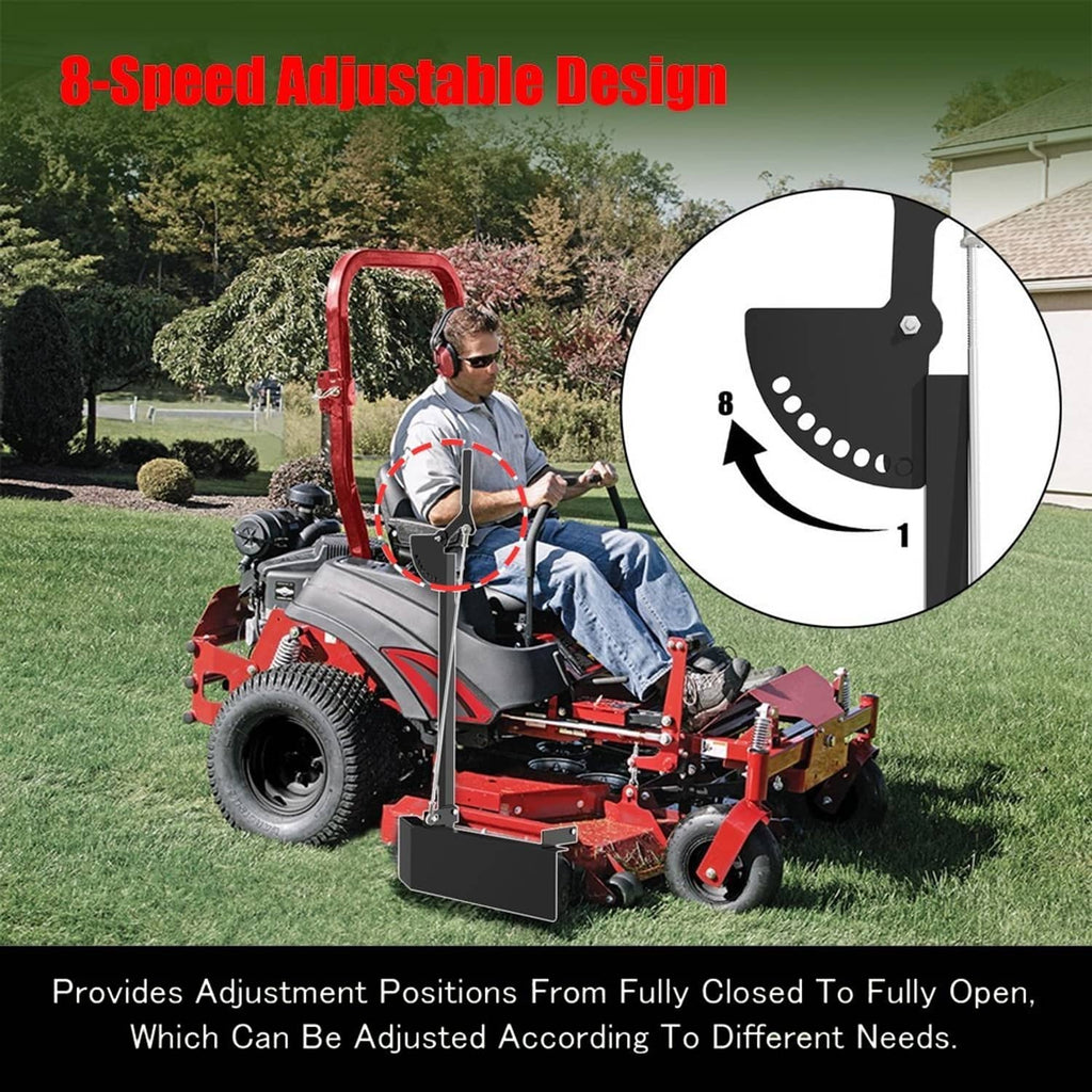 Black adjustable chute blocker for mower discharge, shown with raised discharge shield