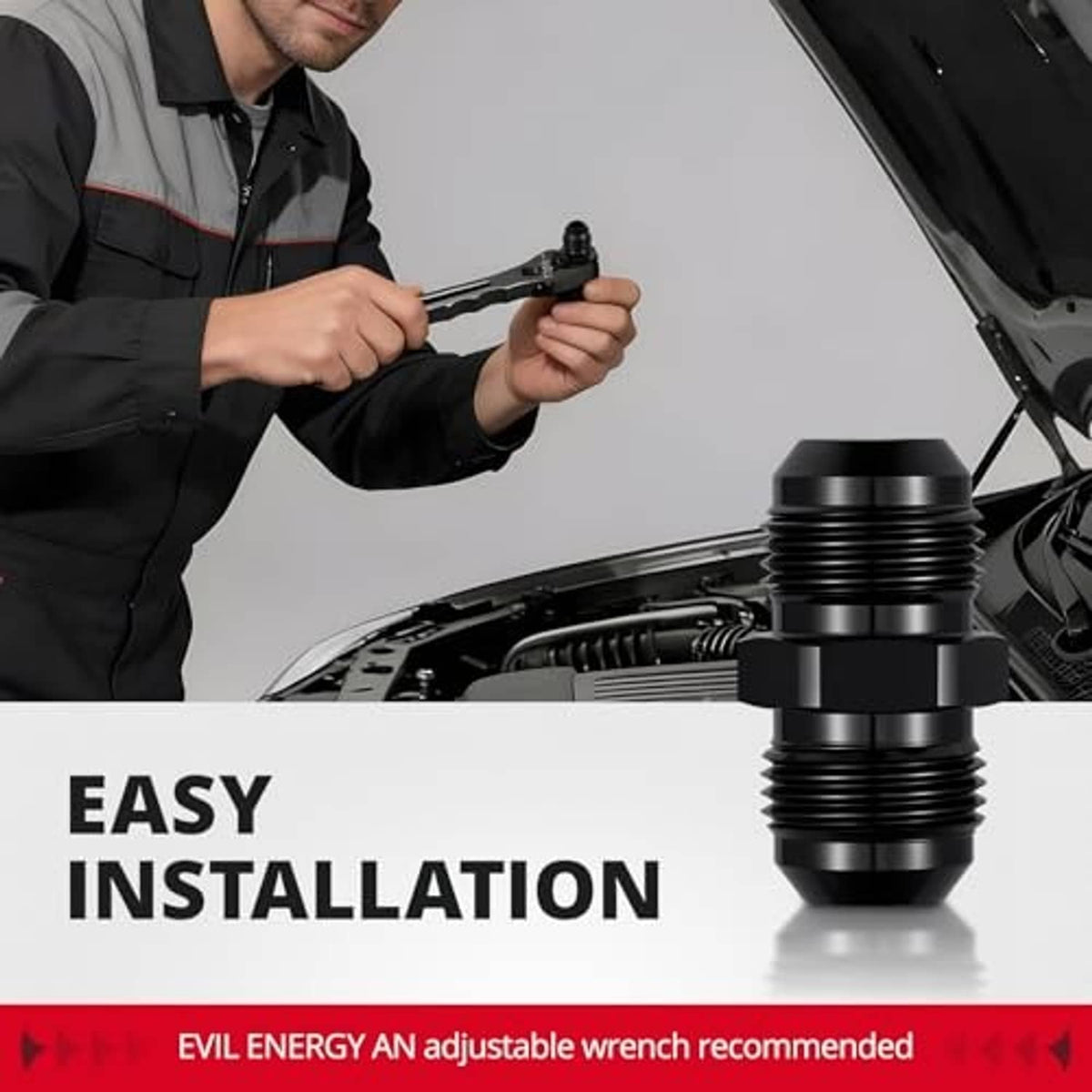 Black AN flare union straight fuel hose adapter fitting with threaded connection