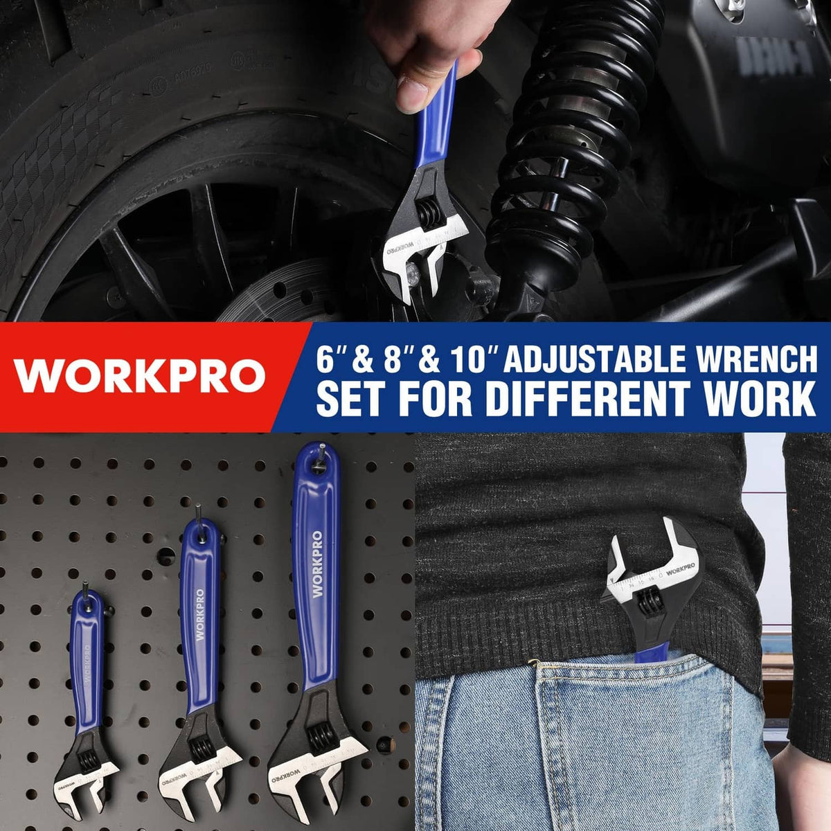 WORKPRO adjustable wrench set with three blue handles and black adjustable jaws