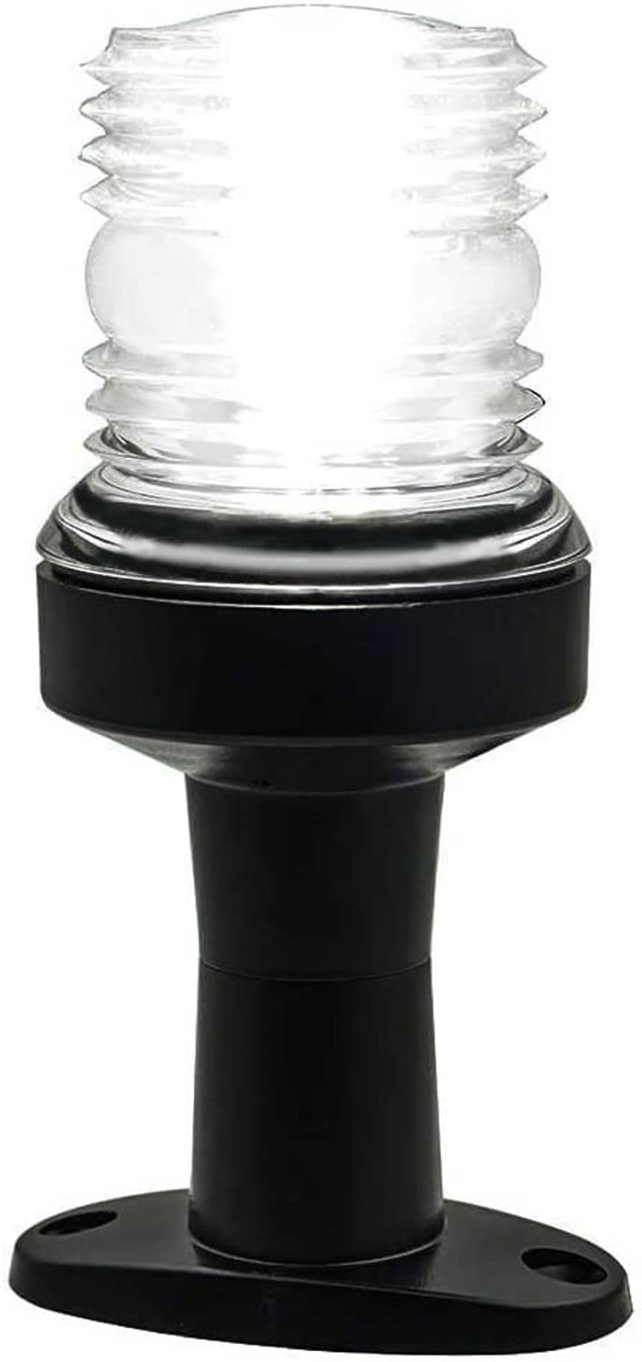 Marine LED navigation light with clear lens housing and black mounting base, side view