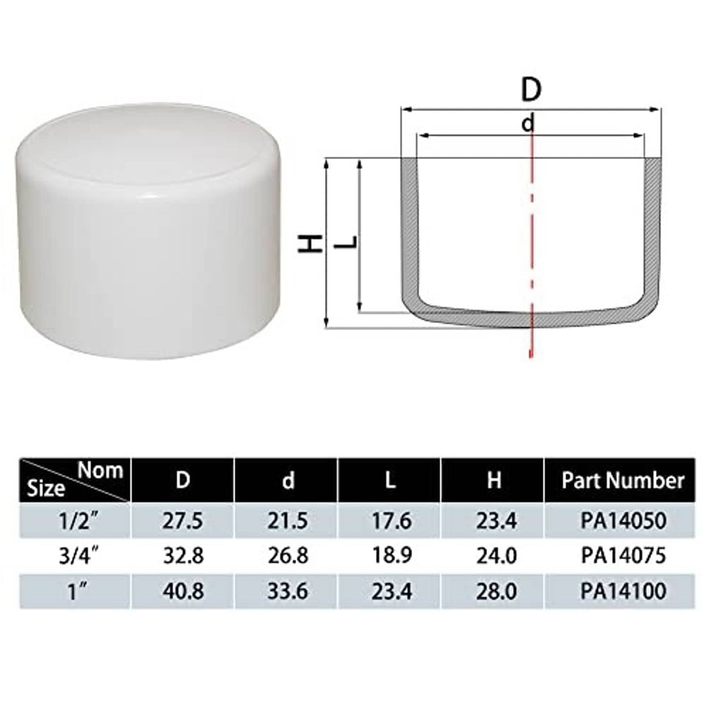 White PVC pipe end cap fitting with dimension diagram for 1/2 in size