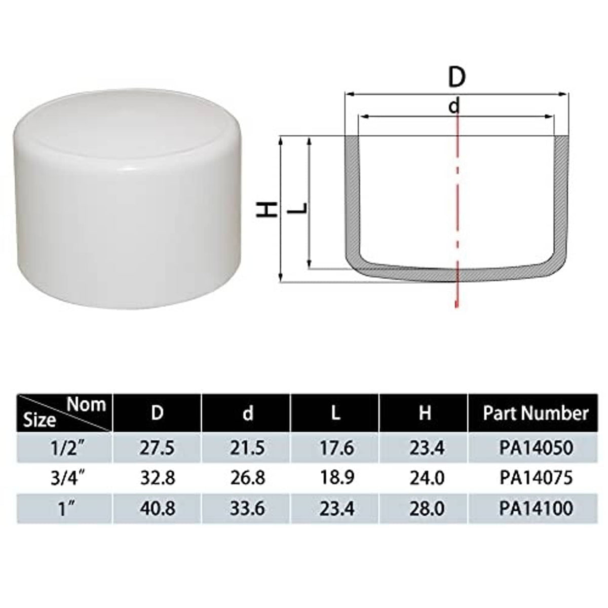 White PVC pipe end cap fitting with dimension diagram for 1/2 in size