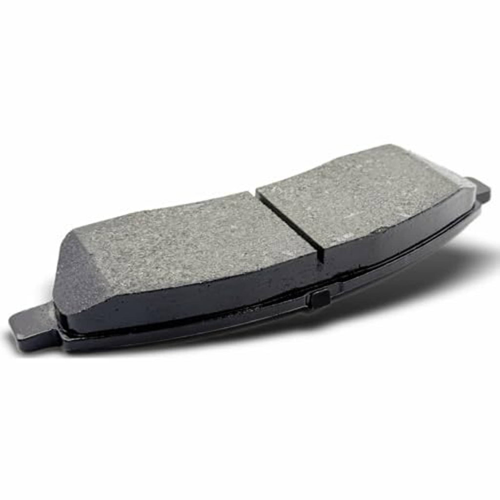 Ceramic brake pad with gray friction surface, black backing, and side mounting tab