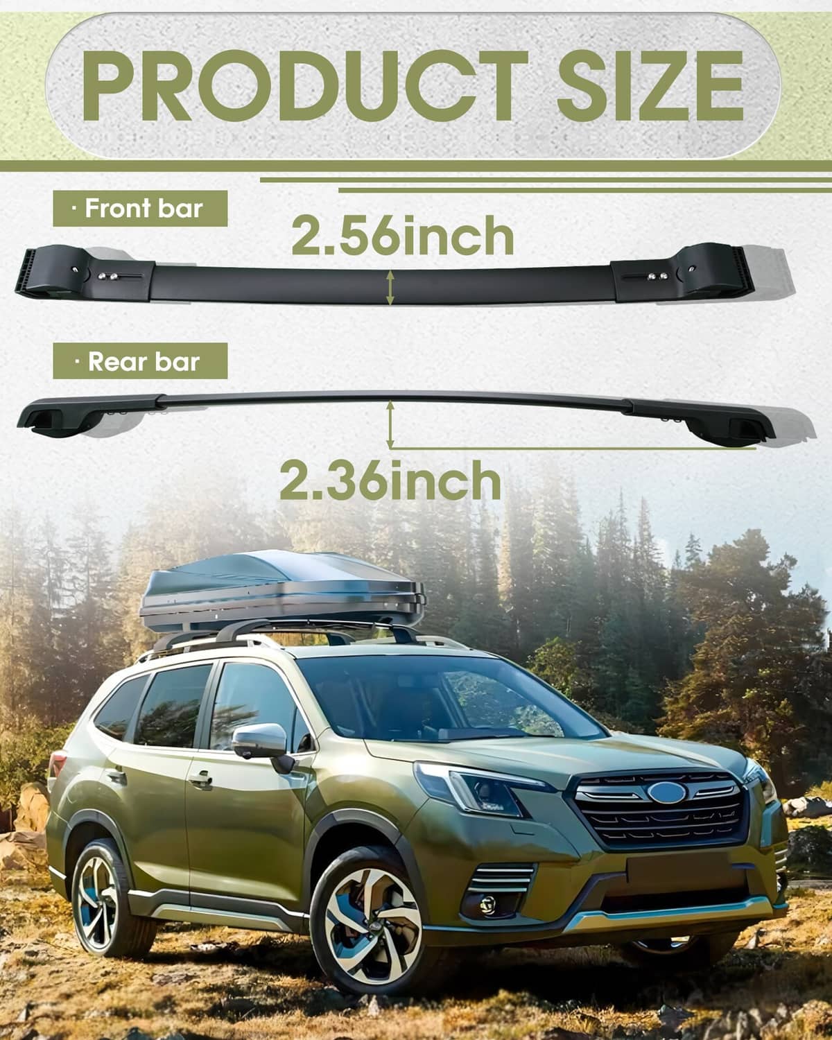Roof rack cross bars size diagram: front 2.56 in, rear 2.36 in
