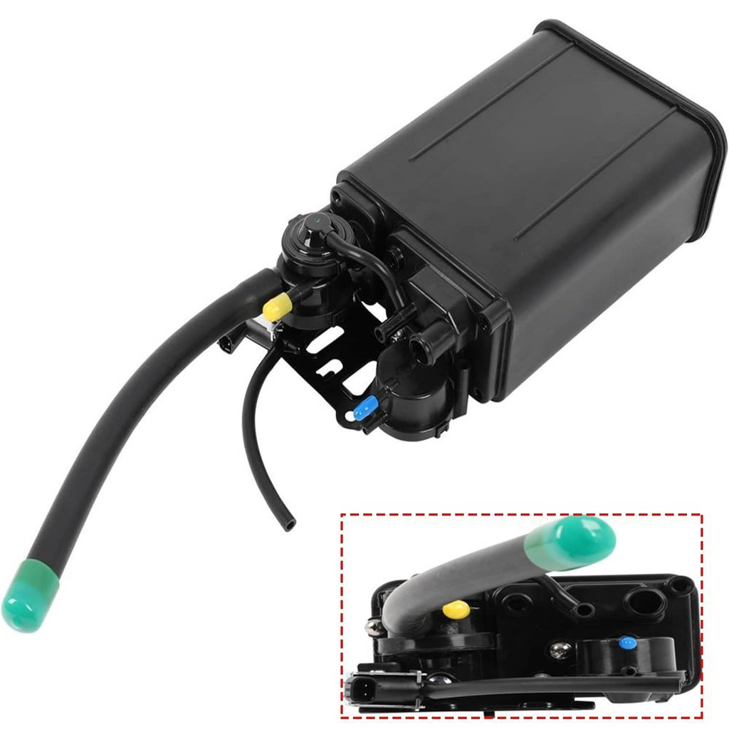 Fuel vapor charcoal canister with hoses, black housing and teal capped lines