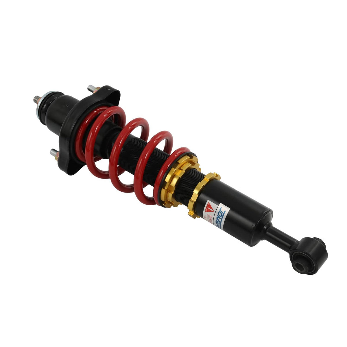 Coilover strut with red spring and black damper, gold adjuster band on top
