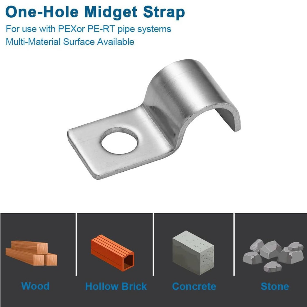One-hole midget strap clamp, silver metal strap with circular mounting hole
